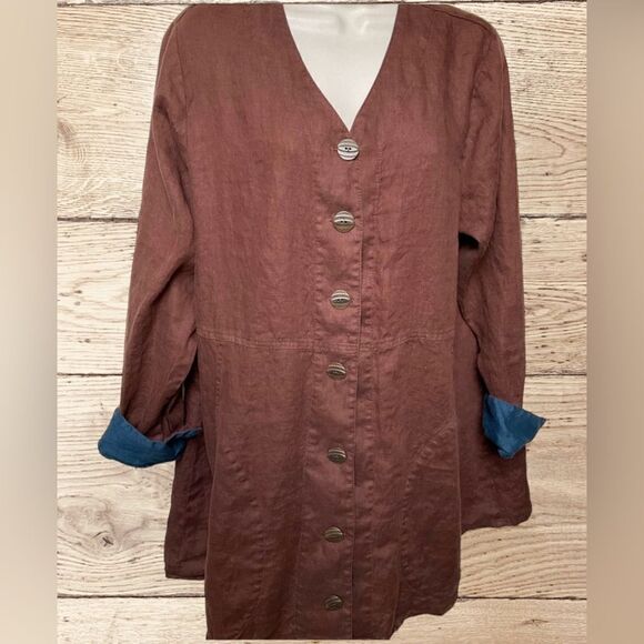 FLAX Designs Linen Jacket Brown Contrast Cuff M - Picture 1 of 16